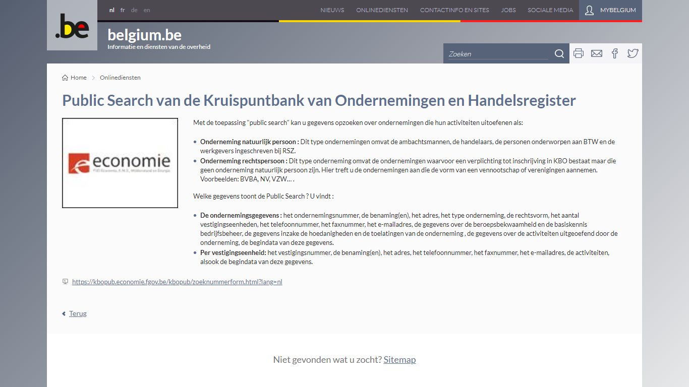 Public Search van de Kruispuntbank van Ondernemingen en ... - Belgium